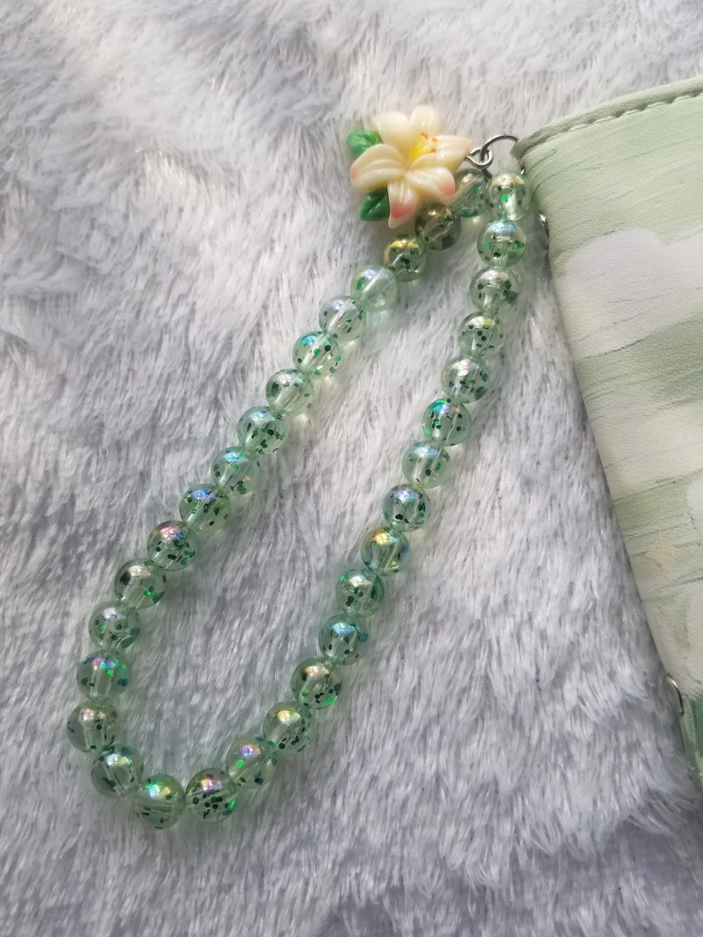 Pastel Green Floral Card Holder with Beaded Strap